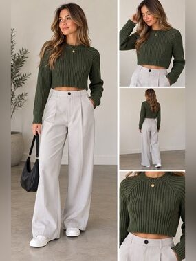Zara Olive Green Cropped Ribbed Sweater Size M 100% Cotton